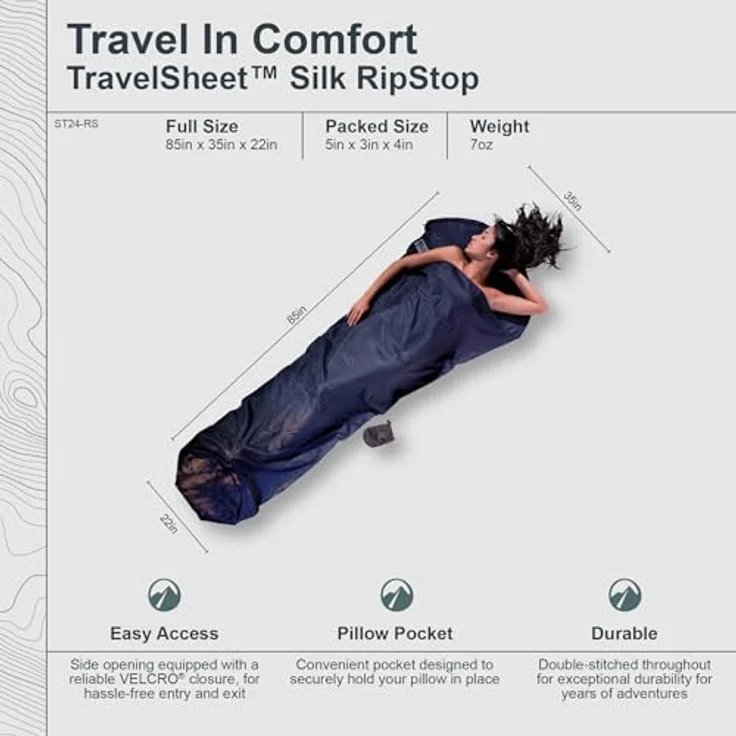 Cocoon TravelSheet, Leichter Schlafsack aus Seide, 220 cm, temperaturausgleichend, seitlicher Klettverschluss, Wärmeleistung +5,3 °C – Bild 5