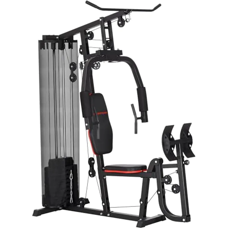 SPORTNOW Kraftstation, Multifunktionale Fitnessstation mit Latzug- & Butterflystange, Beinpresse, 45 kg Gewichtsblöcken, Schwarz