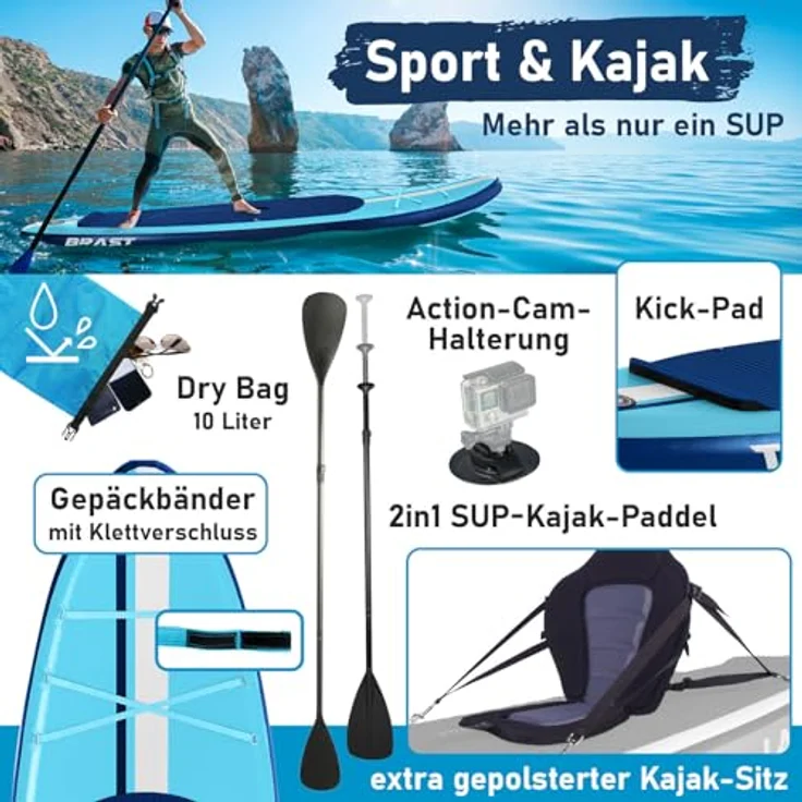 BRAST SUP Board Shark, Aufblasbares Stand Up Paddle Set 320x81x15cm, 200 kg Tragkraft, 2in1 Paddel, Kajaksitz, Action-Cam-Halterung, 5 Jahre Garantie, 8 Designs – Bild 5