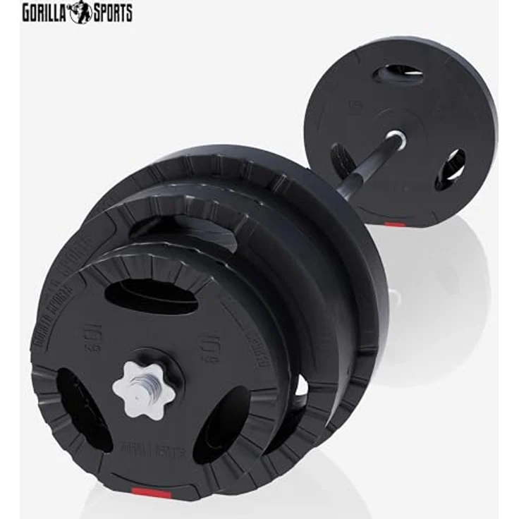 GORILLA SPORTS® Hantelset 130kg - Langhantelstange 170cm, 2 Kurzhanteln, 30mm Hantelscheiben aus Kunststoff, mit Sternverschlüssen - Schwarz - Fitness Gewichte – Bild 3
