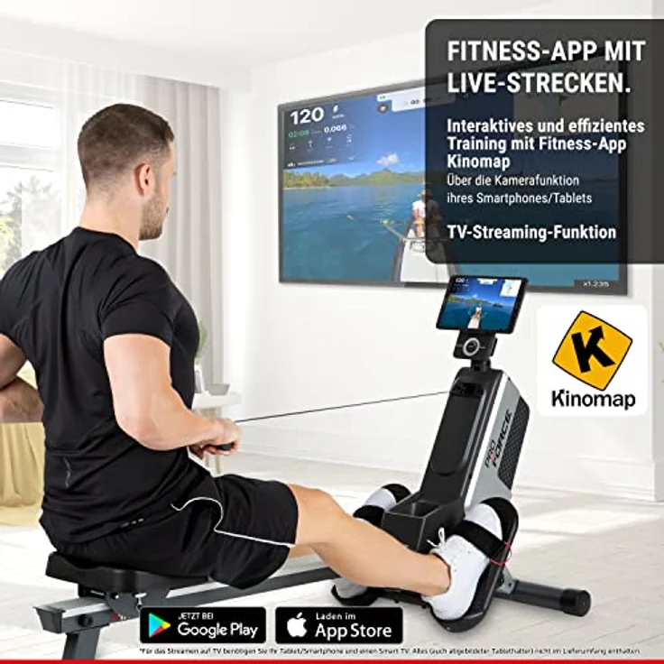 HAMMER Rudergerät Pro Force - platzsparendes, leichtes & hocheffektives Ausdauergerät mit 20 Trainingsprogrammen und Tablet-Halterung, bis 120 kg Nutzergewicht – Bild 3