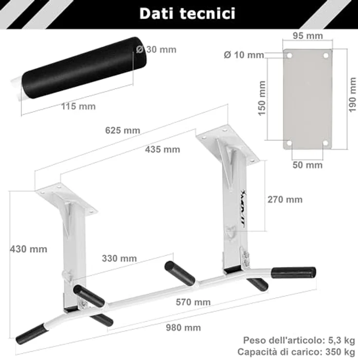 MOVIT® Profi Klimmzugstange zur Deckenmontage, bis 350 kg, 6x rutschfeste Griffe, 2x Ösen für Zubehör, schadstoffgeprüft, Schwarz, Türreck Reckstange Pull up bar – Bild 3