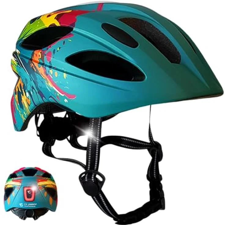 Crazy Safety Cool Splash Fahrradhelm, Kinderhelm für 6-12 Jahre, blau, EN1078 zertifiziert, mit LED-Lampe und optimaler Belüftung – Bild 1