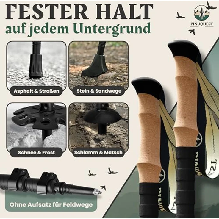 Pinuquest Teleskop Wanderstöcke Aluminium (260g) mit ergonomischem Korkgriff, 4 Aufsätzen für jedes Terrain, für 95-200 cm Körpergröße, grün – Bild 3