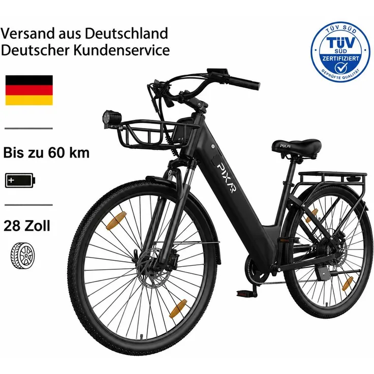 PIXAR C1 Pedelec, 28 Zoll E-Bike mit 36V 13Ah Akku, bis 50 km Reichweite, Shimano 7-Gang, 250W Motor