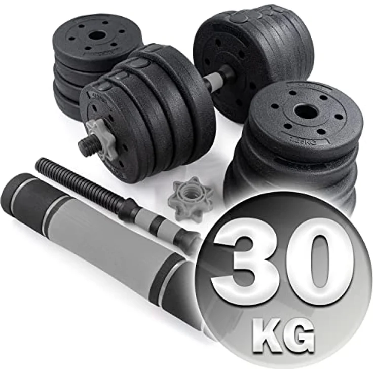 C.P.Sports 2in1 Kurzhantel & Langhantel Set 30kg / 40kg | Hantelscheiben – Gewichte – Hantelstangen | verstellbare Hanteln – Hantelset für Krafttraining, Fitness, Home Gym (silber-schwarz – 30kg Set) – Bild 2