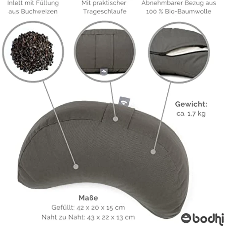 Bodhi Meditationskissen Halbmond | Yogi MOND ECO | Bezug aus 100% Bio-Baumwolle | Yogakissen halbmondförmig mit Buchweizenfüllung | Halbmondkissen für Yoga & Meditation | anthrazit – Bild 3