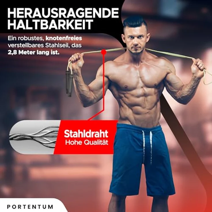 PORTENTUM Speed Rope, verstellbares Springseil mit ergonomischen rutschfesten Schaumgriffen, 2,8 Meter Länge, ideal für Fitness & Ausdauer, geeignet für Kinder und Erwachsene – Bild 4
