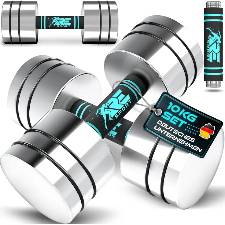RE:SPORT® 2er Hanteln Set Türkis, massivem Stahl 2 x 10kg, Hantel mit Schaumstoffgriff für Fitness, Krafttraining und Muskelaufbau