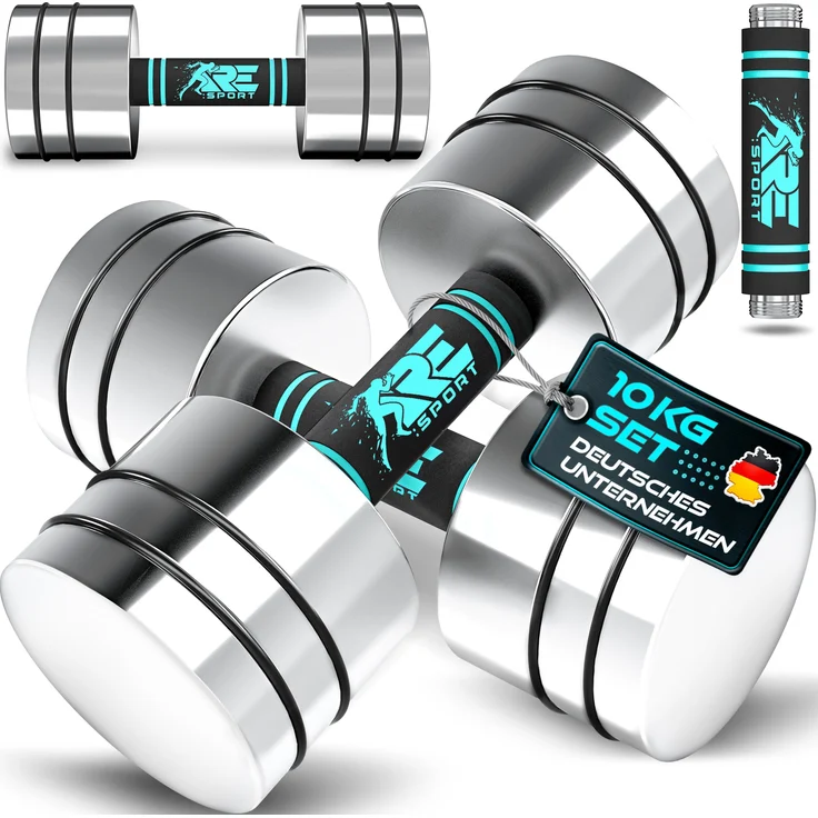 RE:SPORT® 2er Hanteln Set Türkis, massivem Stahl 2 x 10kg, Hantel mit Schaumstoffgriff für Fitness, Krafttraining und Muskelaufbau