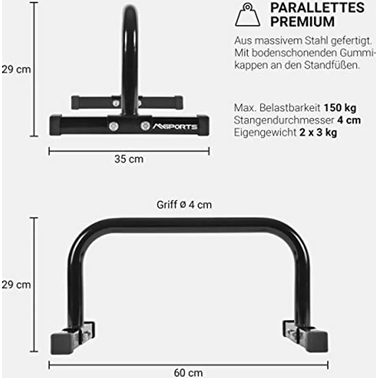 MSPORTS Low Fitness Parallettes Minibarren Professional LxBxH: 60x35x29 cm| Push-Up Bars Liegestützgriffe (Schwarz) – Bild 2