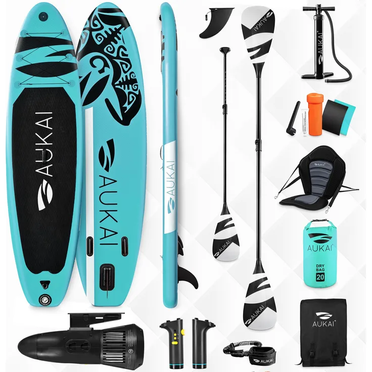 Aukai SUP-320-PRO Stand Up Paddle Board 320cm, aufblasbar mit Elektromotor, Kajak Sitz, Paddel und Doppelpaddel, Ocean türkis