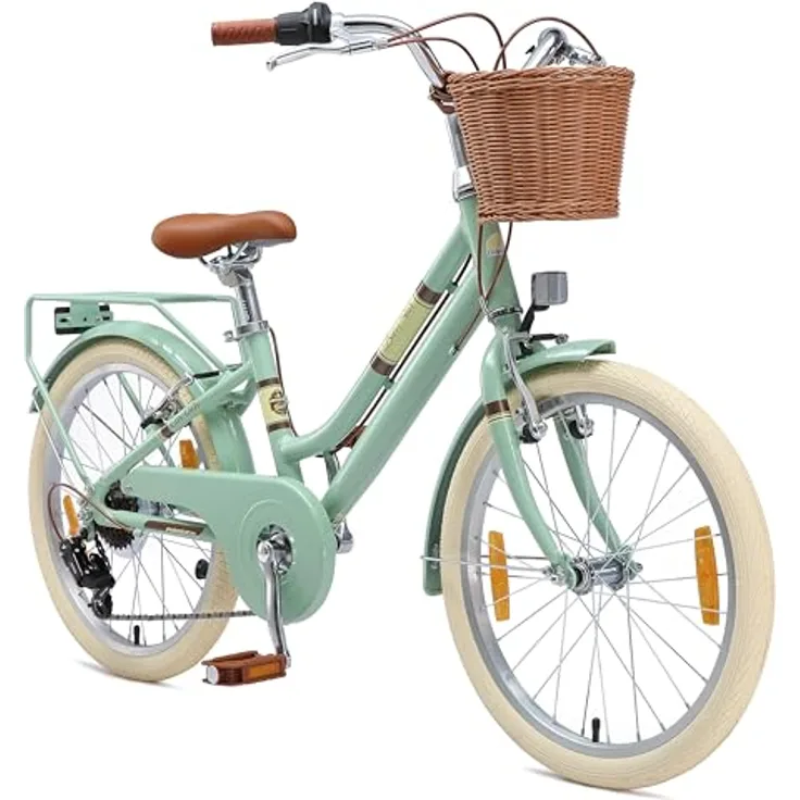 BIKESTAR Alu Kinderfahrrad 20 Zoll City Retro Bike, für 6-7 Jahre, 7 Gänge, V-Bremse, Korb, Mint, leicht und stabil
