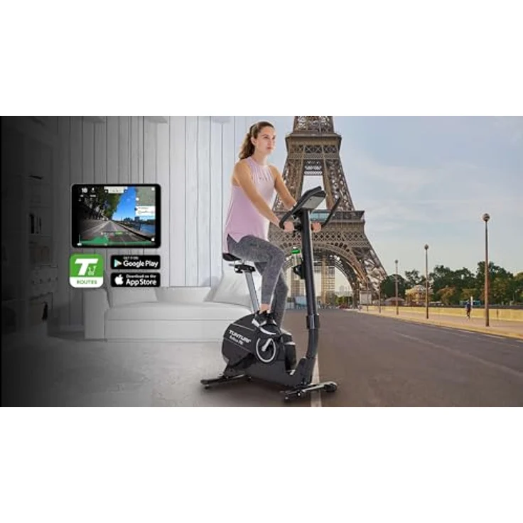 Tunturi FitCycle 70i Heimtrainer - Fitnessrad für zu Hause mit 32 Widerstandsstufen - Ergometer mit 20 Programmen - 150 kg Benutzergewicht - Tablet-Halterung und Transportrollen (Schwarz) – Bild 4
