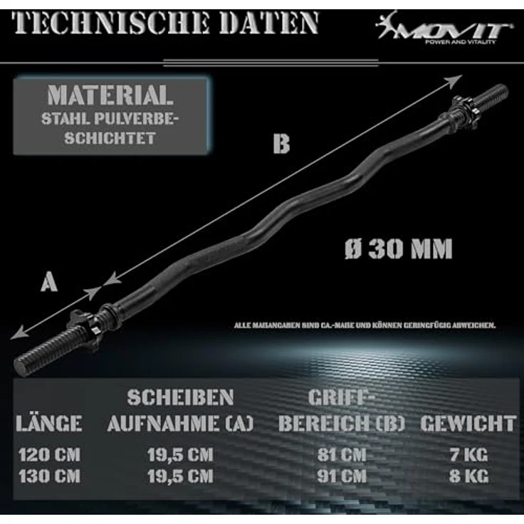 MOVIT® Profi SZ Curlstange, 30mm STANDARDNORM, Auswahl: 120cm (7kg) o. 130cm (8kg), verchromt o. schwarz, Sternverschluss o. Federverschluss, Hantel Curl Stange Hantelstange – Bild 4