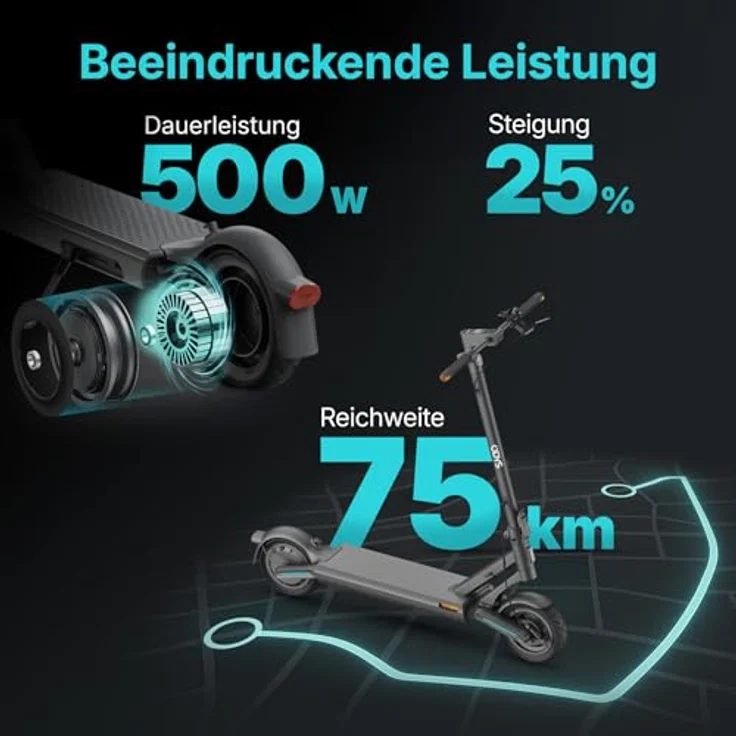 Odys Ultron i75 E-Scooter, 75 km Reichweite, 500W Motor, Dual-Vollfederung, klappbar, deutscher Straßenzulassung, 10" Luftreifen, max. 120 kg Belastung, Display & App – Bild 2