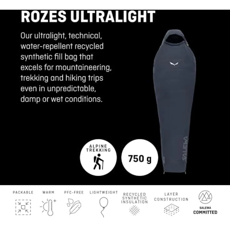 Salewa Rozes Ultraleicht-Schlafsack, wasserabweisend, Kunstfaserfüllung, Komforttemperatur 13 °C, Blau, Left – Bild 2