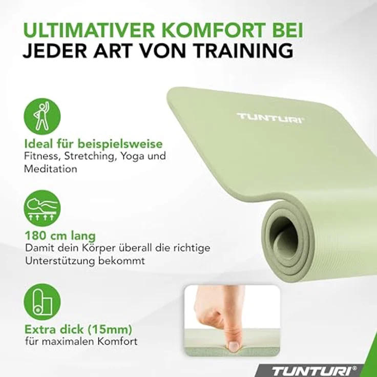 Tunturi NBR-Fitnessmatte, 15 mm, 180 cm x 60 cm, pflegeleicht, inklusive Tragetasche – Bild 4