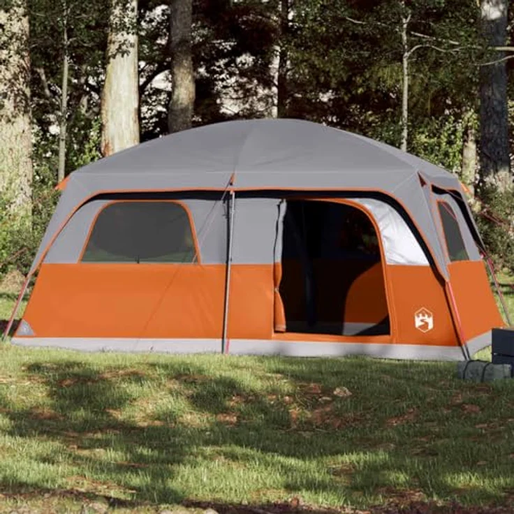 vidaXL Familienzelt für 8 Personen, Wasserdichtes Campingzelt mit Netzwänden und 2 E-Anschlüssen, Grau Orange, 185T Polyester – Bild 2