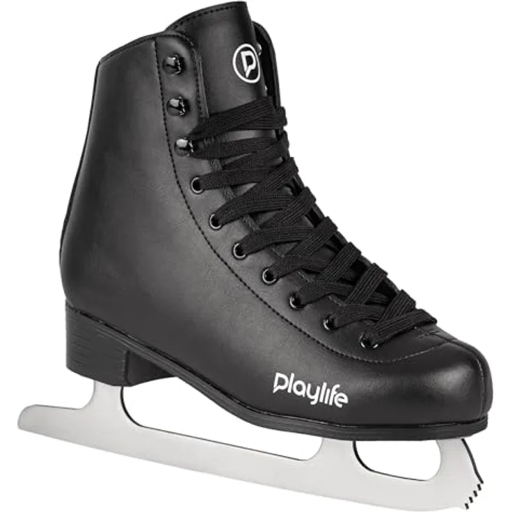 Playlife Classic Black Ice Skate, Schlittschuhe für Damen & Herren, wasserabweisendes Kunstleder, warmes Samtfutter, rostfreie 303-Edelstahlkufe, Komfort & Stabilität für Anfänger, Schwarz, Größe 39