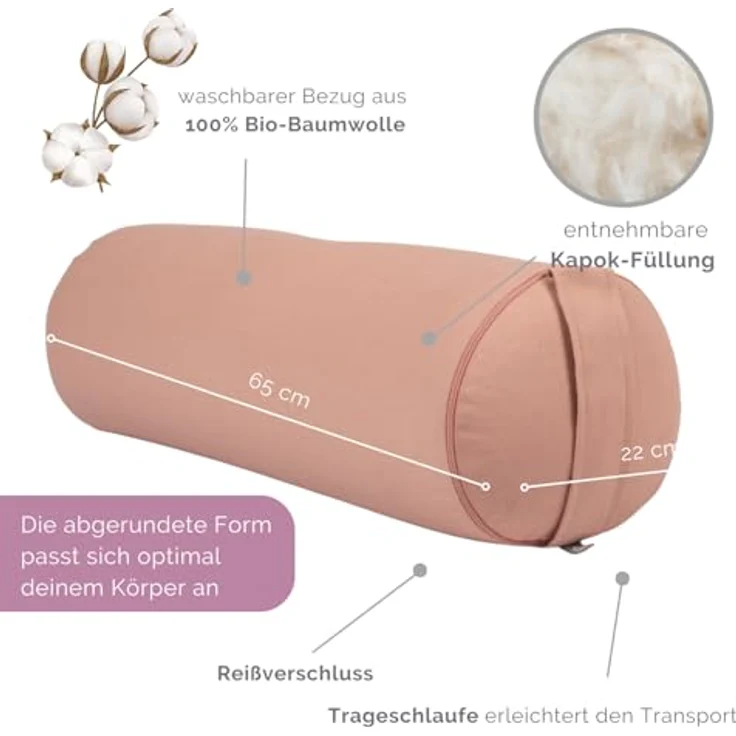 Bodhi Yoga Bolster ECO Serie, Yogarolle mit Kapok-Füllung, waschbarer Bezug aus 100% Bio-Baumwolle, groß 65 x 22 cm, rosé – Bild 3