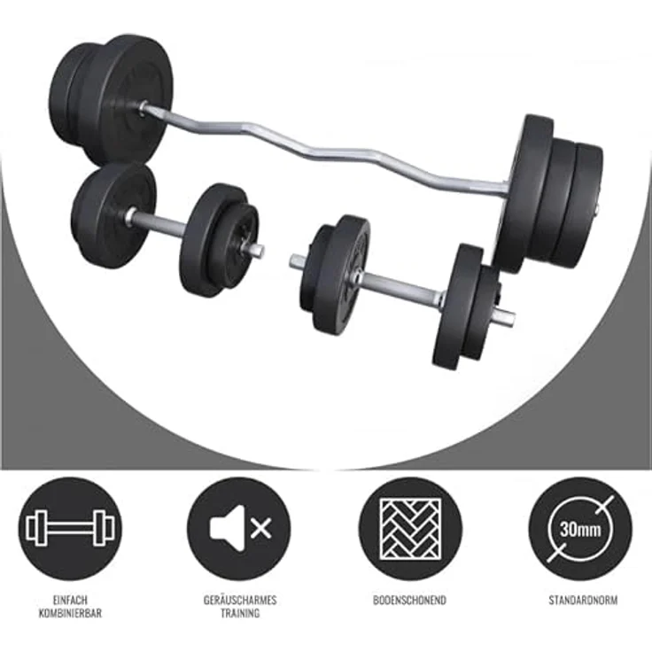 GORILLA SPORTS® Hantelset - 70kg, SZ Curlstange 120cm, Gewichte 4x1,25kg / 4x2,5kg / 4x5kg / 2x10kg, 2X Kurzhanteln 30mm, Kunststoff, Bodenschonend – Bild 3