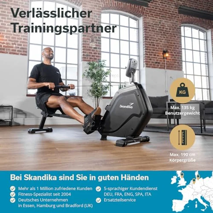 Skandika Rudergerät Munin | Rudergerät für zuhause, klappbar, 16-stufiger Magnetwiderstand, 8 kg Schwungmassensystem, Kinomap App kompatibel | Fitnessgerät (schwarz) – Bild 2