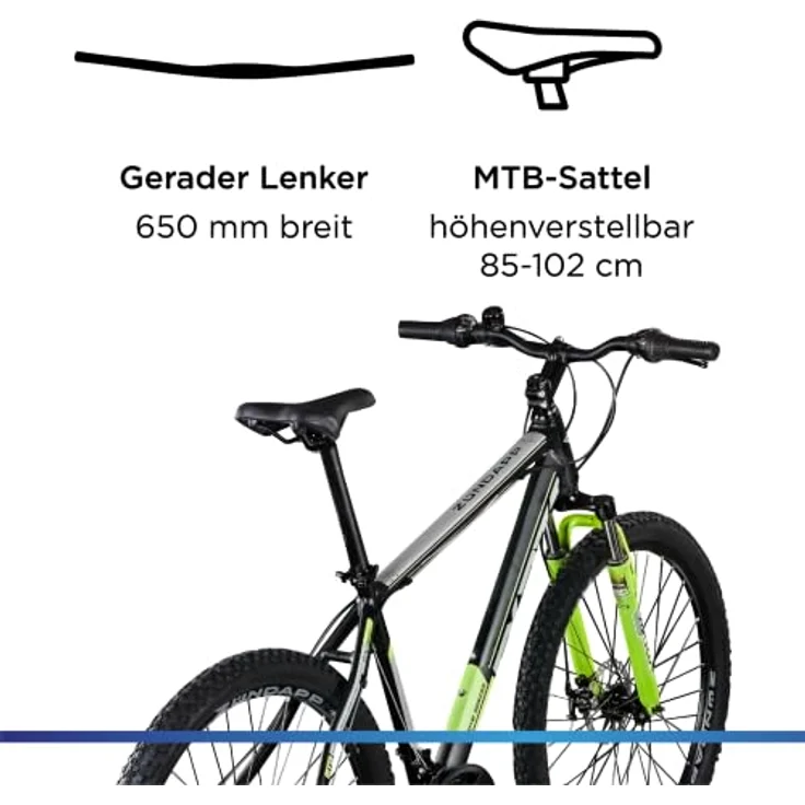 Zündapp FX27 Mountainbike 27,5 Zoll Hardtail, unisex, 21 Gänge, Grau/Grün, 48 cm Alu-Rahmen – Bild 7