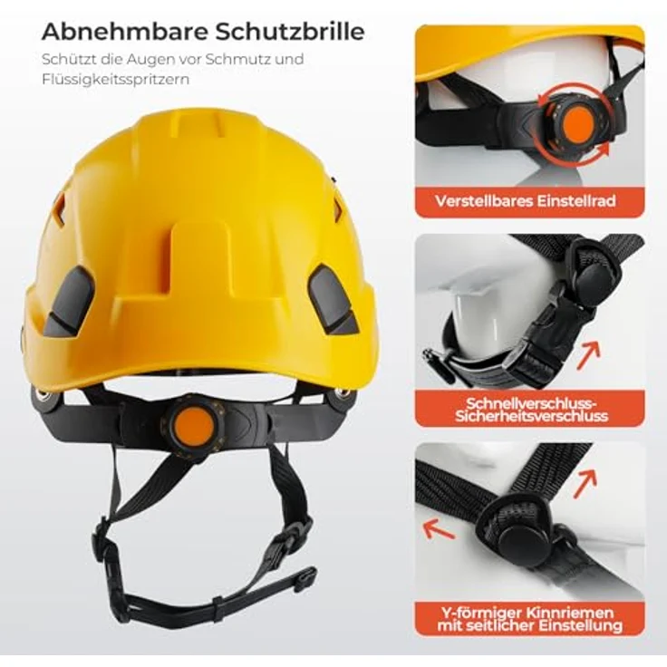 Mustbau Helm HSE06S, Kletterhelm mit gefütterten Schaumstoffpolstern, einstellbarer Passform und robustem Visier, für Bergsteigen, BAU und Gartenarbeit, Gelb – Bild 4