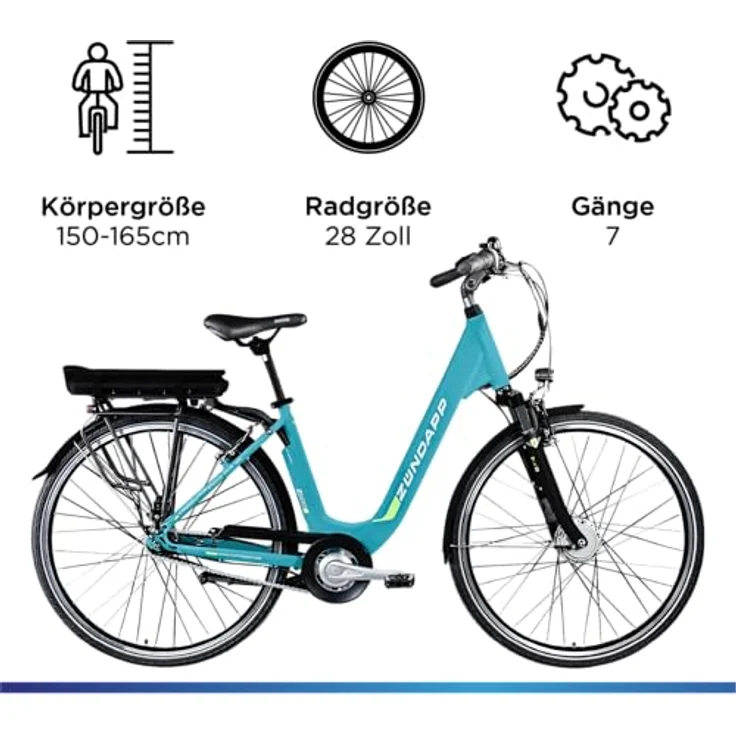ZÜNDAPP Z600 City E Bike, Elektrofahrrad für Damen, 28 Zoll, 7 Gang Nabenschaltung, 250W Vorderradmotor, türkisblau, 47 cm, bis 150 km Reichweite – Bild 3