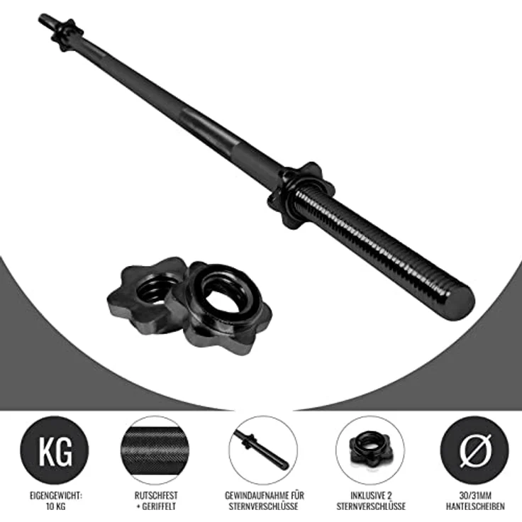 GORILLA SPORTS® Langhantelstange - 170cm, mit 2 Sternverschlüssen, 30mm, bis 200kg belastbar, Griff gerändelt, rutschfest, Chrom, Silber/Schwarz - Hantelstange, Langhanteln, Langhantel-Stange – Bild 4