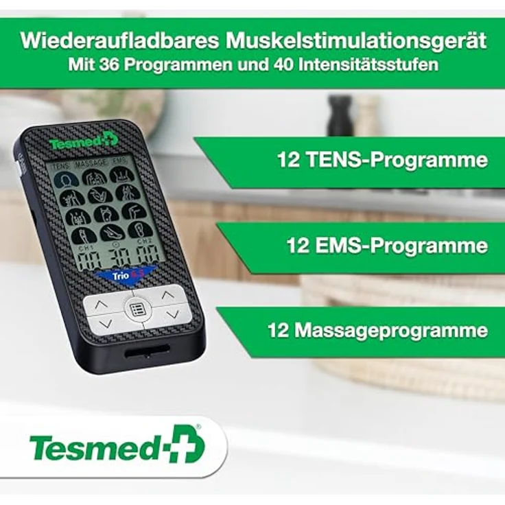 TESMED Trio 6.5, Wiederaufladbarer Muskel-Elektrostimulator mit 36 Programmen, 40 Intensitätsstufen, 4 Elektroden für EMS, TENS und Massage, ideal für Fitness und Schmerztherapie – Bild 2