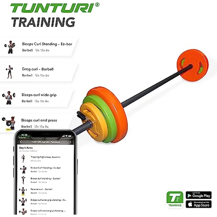 Tunturi Hantelset für Aerobic - Pumpset 20 kg - Hantelset, Hantelset mit Langhantel - Hantelscheiben und Federverschlüsse - Krafttraining – Bild 3