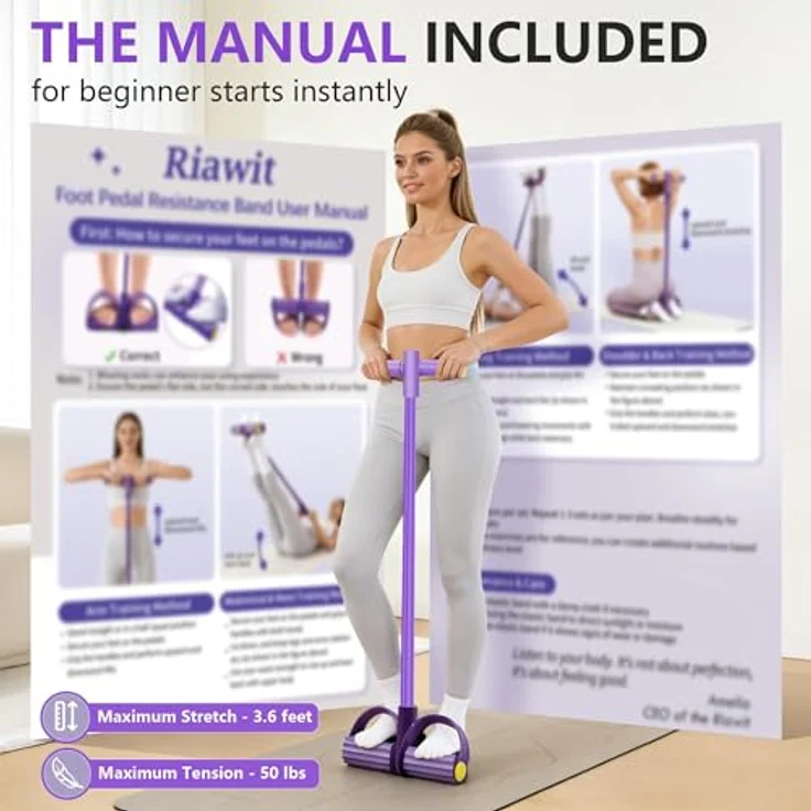 Owyee Bauchtrainer Pedal Zugseil, 6-teilige elastische Widerstandsbänder mit rutschfesten Griffen und Fußpedalen für Home-Workout, Fitness und Yoga – Bild 4