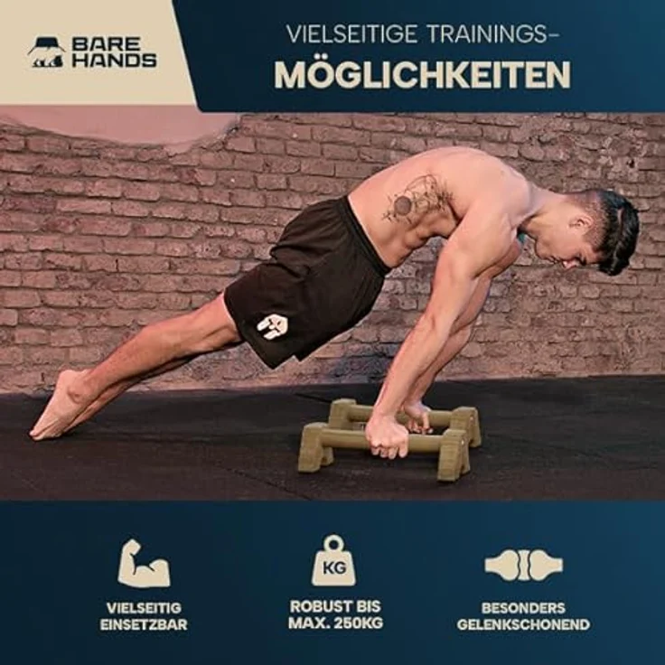 BARE HANDS Liegestützgriffe Modell M – Gelenksschonende & rutschfeste Holz Liegestützgriffe, ideal für Handstand & Liegestütze, Dunkel – Bild 3