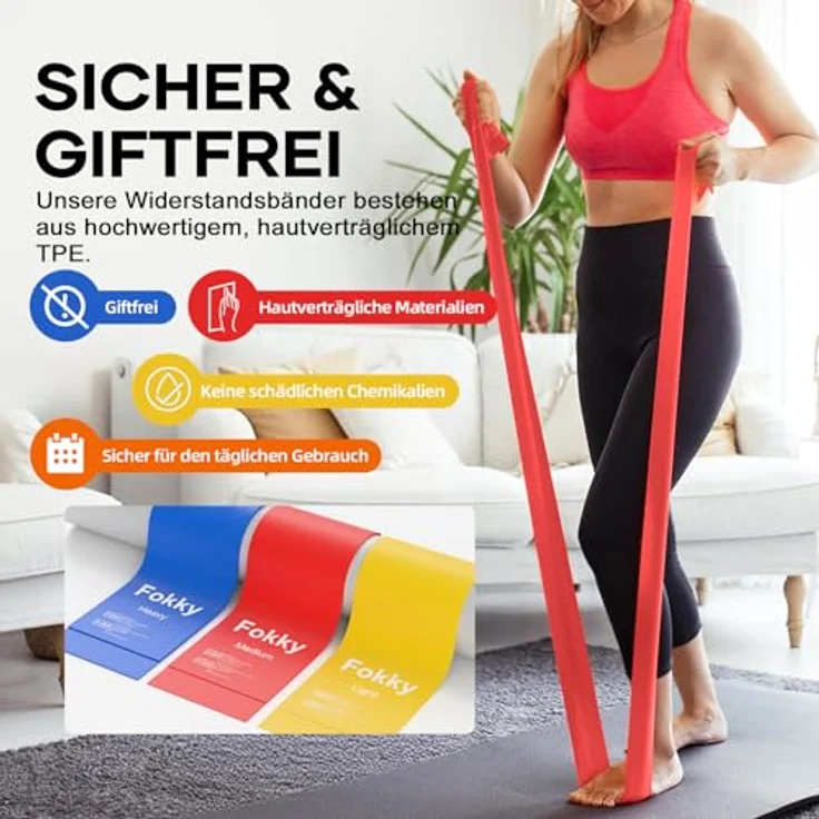 Fokky Fitnessbänder 3er-Set, 1.5M Widerstandsbänder in Gelb (15lbs), Rot (20lbs) und Blau (25lbs), Gymnastikbänder für Crossfit, Muskelaufbau, Yoga und Pilates – Bild 3