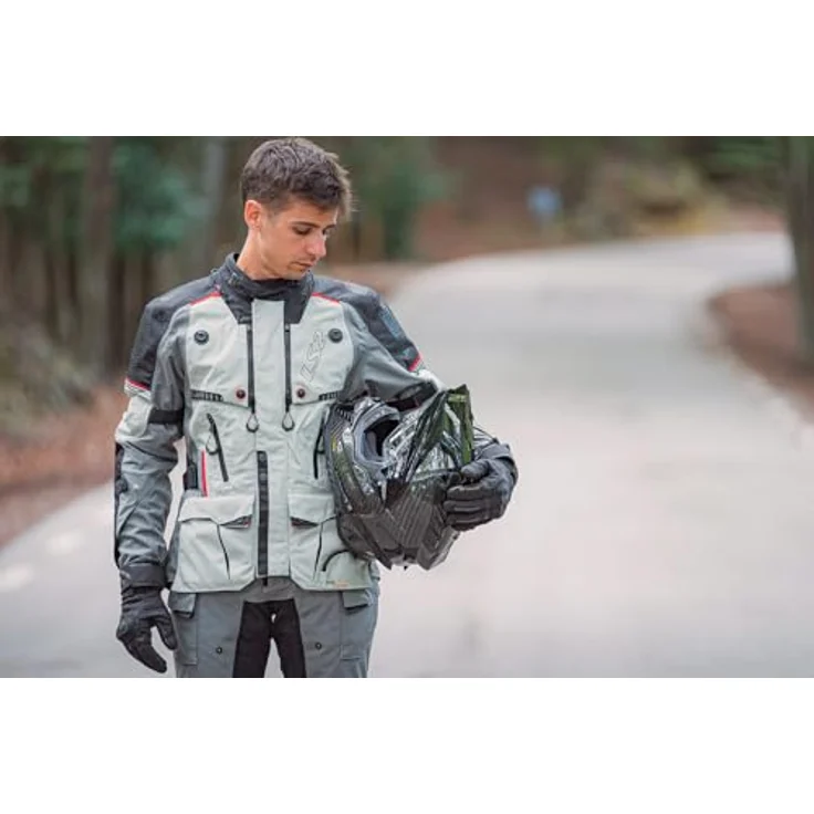 LS2 Apollo, wasserdichte Motorrad Textiljacke aus 3-lagigem Laminatgewebe, hellgrau/schwarz/rot, XL, mit abnehmbaren Protektoren, max. Wasserdichtigkeit 21000 mm H2O – Bild 3