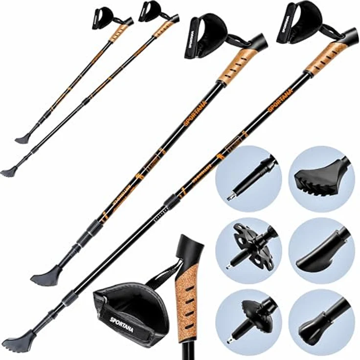SPORTANA® Teleskop Wanderstöcke, verstellbar 68-135 cm, Aluminium-Duralumin, Anti-Shock-Federung, ergonomische Korkgriffe, rot/orange/grau – Bild 1