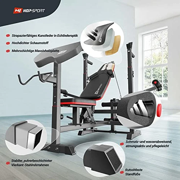 HS HOP-SPORT Hantelbank Kraftstation 1075 mit Latzug, Curlpult, Butterfly und Beincurler, stabil bis 170 kg, in Schwarz – Bild 4