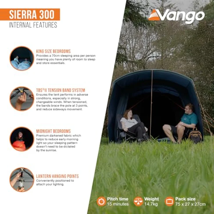 Vango Sierra 300, Familienzelt für 3 Personen mit großem Vorraum und 1,9 m Stehhöhe, wasserdicht 4000 mm, optimierte Ventilation, inkl. Tragetasche und Zubehör – Bild 4