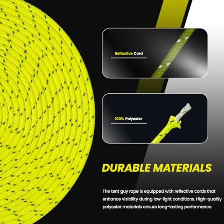 Abma Cord Abspannseile Zeltschnur, 30M elastisches Zeltseil mit 6 Seilspannern, 5mm Durchmesser, reflektierende Neon Gelb, 400 kg Bruchlast, UV-beständig für Camping und Outdoor – Bild 3