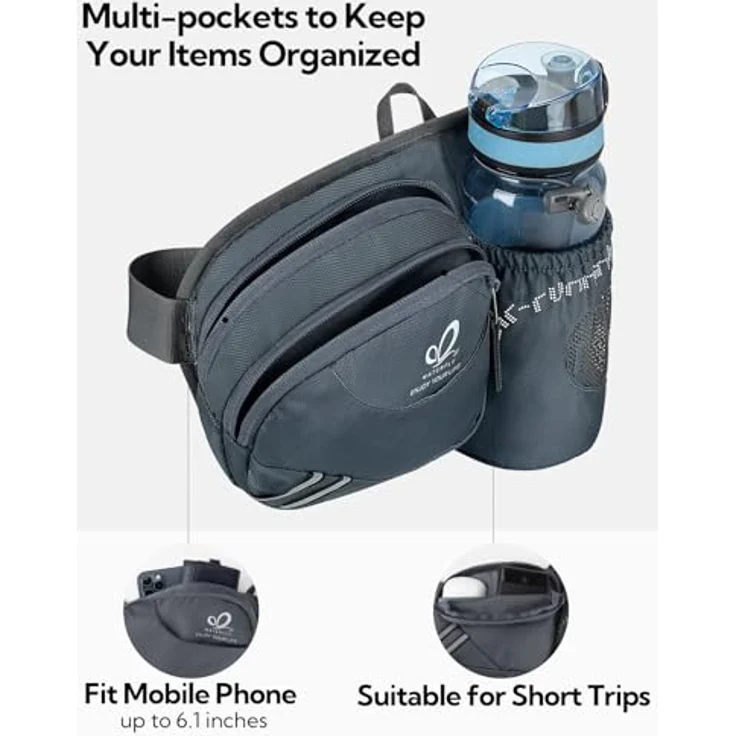 WATERFLY Gürteltasche Bauchtasche mit Flaschenhalter, atmungsaktive Sport Hüfttasche für Laufen, Radfahren und Wandern, Dunkelgrau – Bild 4