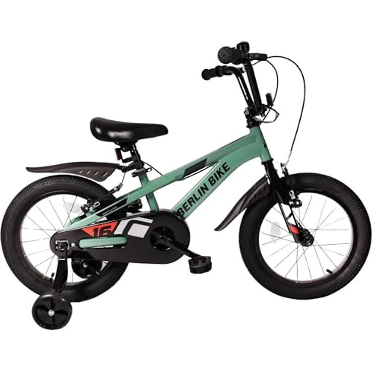 BERLIN BIKE Kinderfahrrad Cross 16 Zoll für Jungen und Mädchen, mit Stützrädern, 1 Gang, grün und rot, Spiele zur Förderung von Balance und Motorik – Bild 2