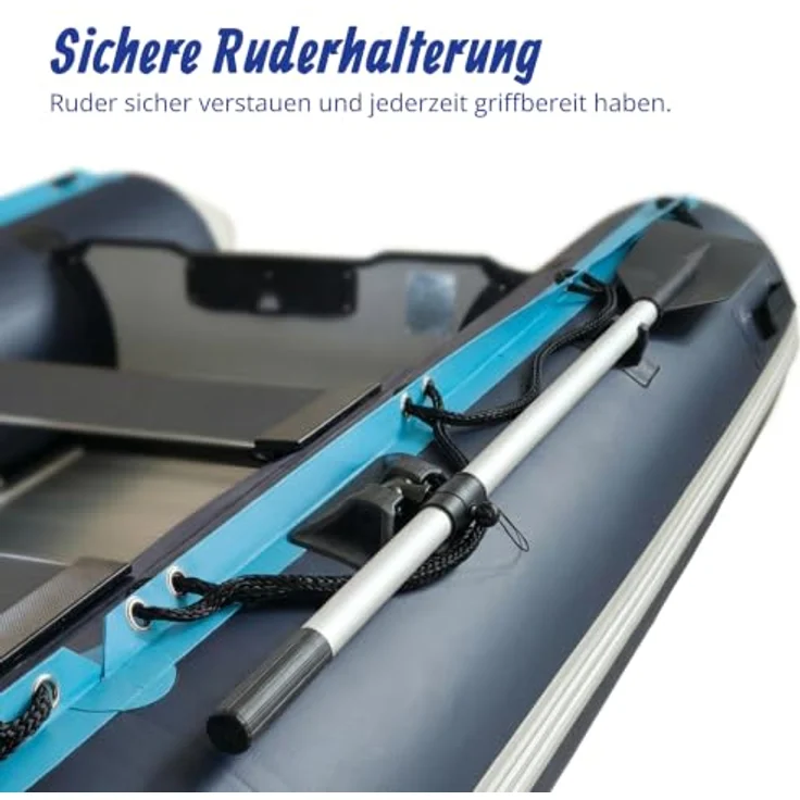 relaxdays Schlauchboot 3,20 M für 4 Personen, robustes PVC, mit Aluminiumboden und stabilen Luftkammern, blau/weiß – Bild 9