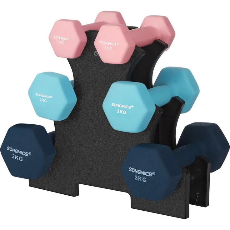 SONGMICS Hantel-Set Kurzhanteln, 12kg, Hexagon, Neopren Hanteln, Rosa, Aquamarin, Blau