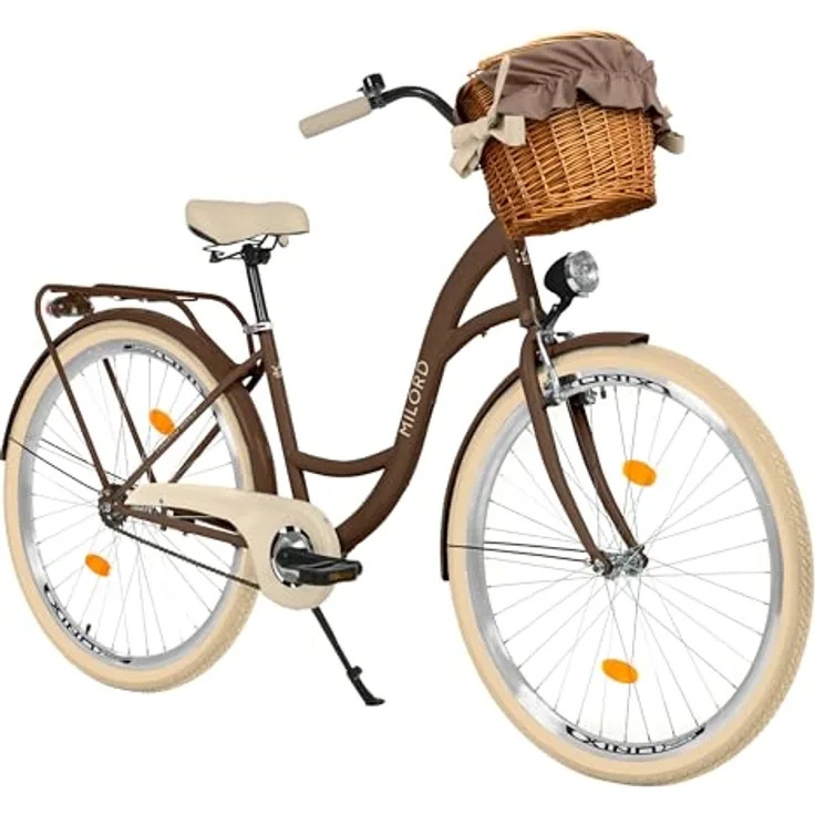 MILORD Damenfahrrad Citybike Komfort, 1-Gang mit Weidenkorb, braun, 26 Zoll, Stahlrahmen, ideal für Pendler und Freizeitfahrten