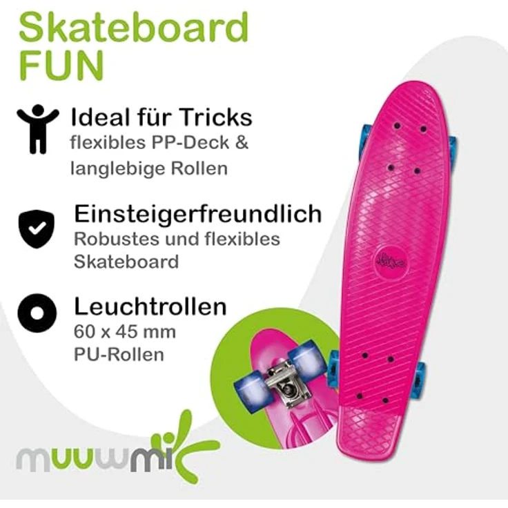 NoRules Skateboard ABEC 5 Fun pink mit Leuchtrollen – Bild 3