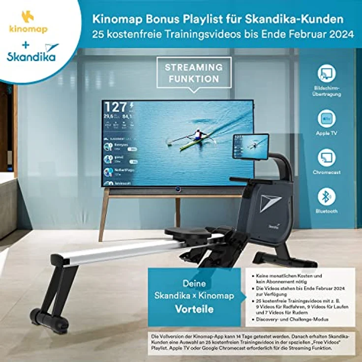 Skandika Rudergerät Njord | Ruderergometer mit 16 Stufen, klappbar, Studioqualität, 8 kg Schwungmassensystem, max. 180 kg, Lange Laufschiene, Kinomap, Bluetooth, | Fitnessgerät für Zuhause – Bild 4