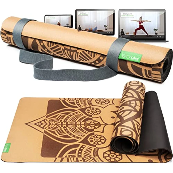 BACKLAxx® Yogamatte Kork mit Naturkautschuk - Yoga Matte nachhaltig, schadstofffrei, Yogamatte rutschfest, Fitnessmatte mit Anti-Rutsch-Zonen inkl. Tragegurt, Turnmatte für Yoga und Matte Sport – Bild 1