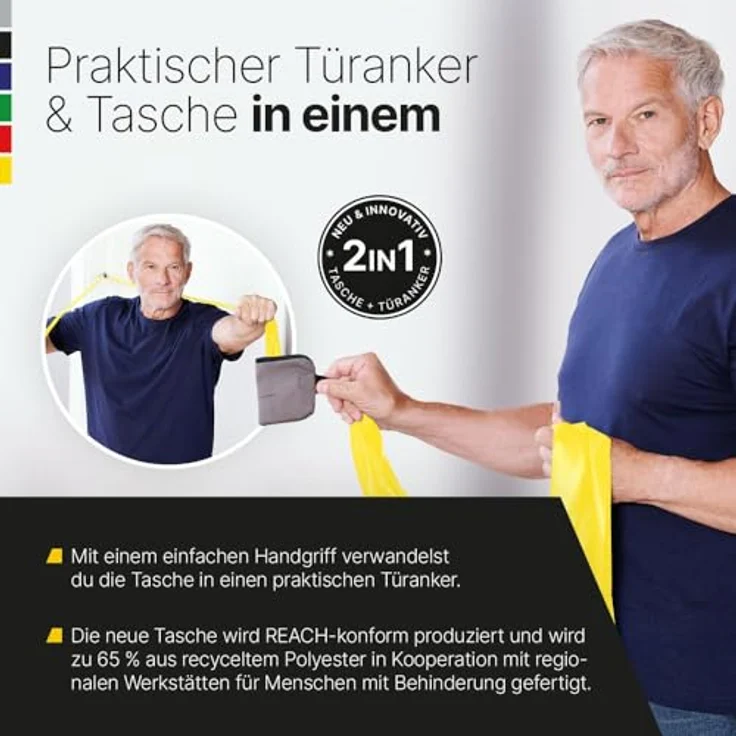 ARTZT TheraBand 2,50m gelb inkl. Türanker & Tasche, Widerstand 1,3kg, 100% Naturlatex für Heimtraining und Therapie – Bild 3